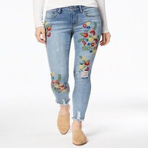 NWT Earl Jean Womens Skinny Ankle Jeans 8 Blue Distressed Embroidered Floral
